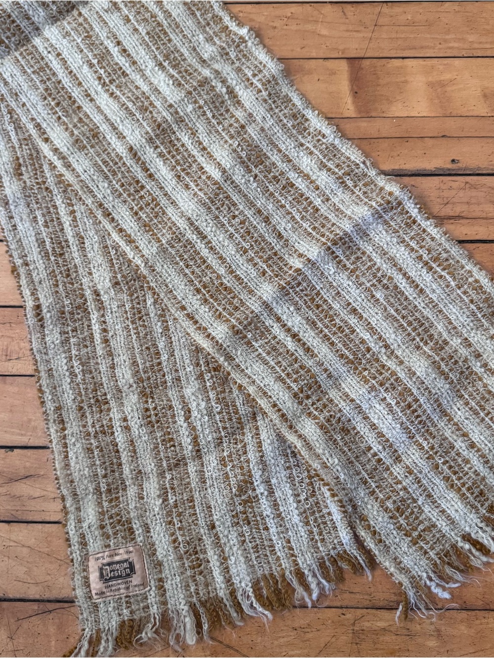 Vintage Donegal Design Cream Brown tan Orange Handwoven Wool Winter Scarf fringe